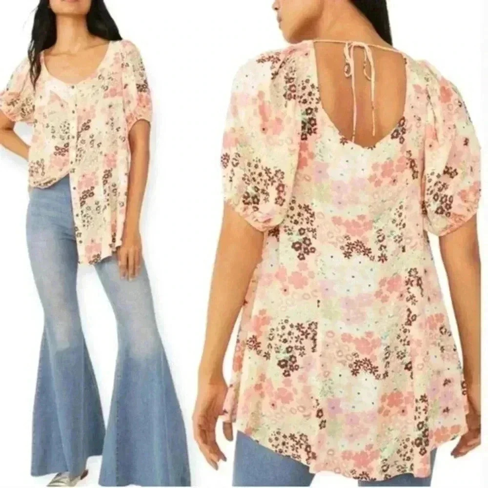 Free People NWT Women’s XS Callie Button Front Puff Sleeve Printed Tunic
